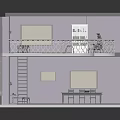 Minimalist Indoor Model Scene With Balcony Railing Staircase Dining Table And Light Purple Walls