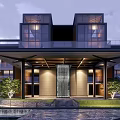 Modern Building Exterior With Waterfall Pool Stone Walls And Trees At Dusk