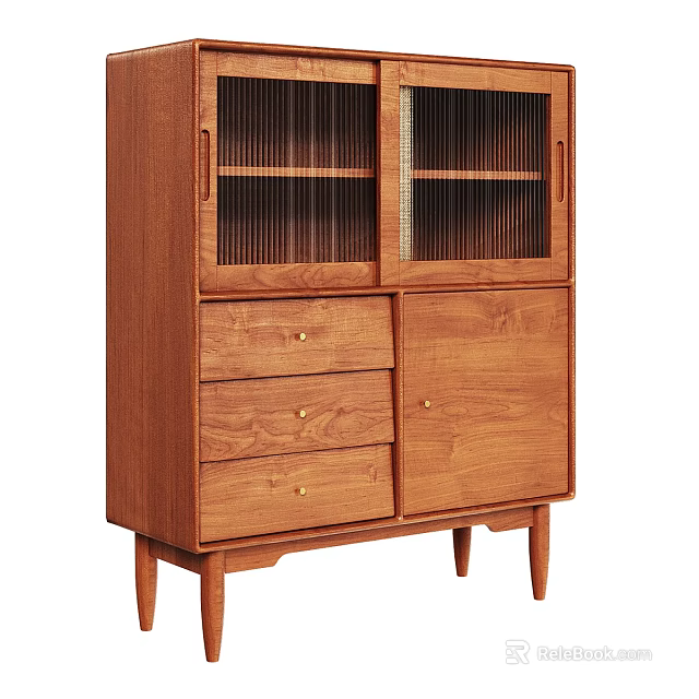 Wooden Modern Sideboard With Glass Doors Drawers And Tapered Legs For Dining Room 3d model 