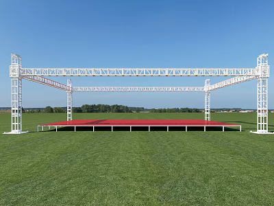 Outdoor Event Stage Featuring White Metal Frame Red Floor Green Grass And Blue Sky 3d model
