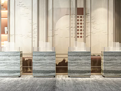 Modern Luxury Chinese Style Lobby Front Desk With Marble Decorative Wall Light Strips And Bookshelves 3d model
