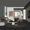 Modern Living And Dining Room Interior With Decorative Wall Sofa Coffee Table And Dining Chairs