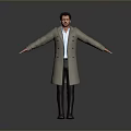 Portrait of man wearing long trench coat and shirt with arms outstretched against gray background