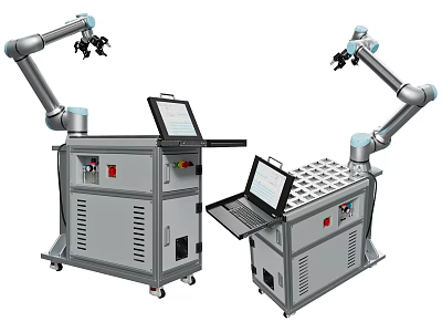 Industrial Equipment Featuring Robotic Arms Control Consoles And Laptop Screens 3d model
