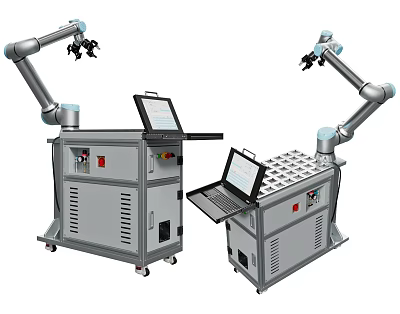 Industrial Equipment Featuring Robotic Arms Control Consoles And Laptop Screens 3d model