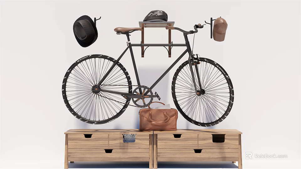 Vintage Bicycle With Leather Seat Hats And Leather Bag On Wooden Cabinet Drawers 3d model 