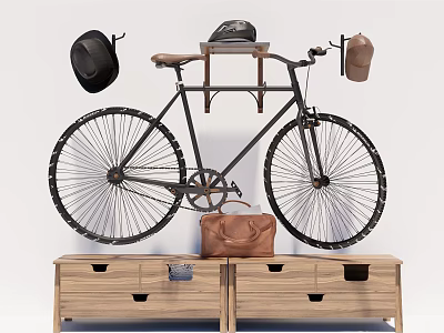 Vintage Bicycle With Leather Seat Hats And Leather Bag On Wooden Cabinet Drawers 3d model