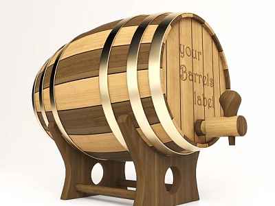 Wooden Wine Barrel With Golden Hoops And Your Brand Label On Stand 3d model