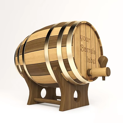 Wooden Wine Barrel With Golden Hoops And Your Brand Label On Stand 3d model