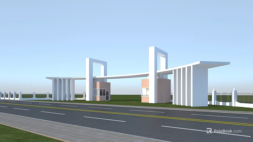 Modern School Building Entrance With White Columns Wide Road And Green Lawn 3d model 