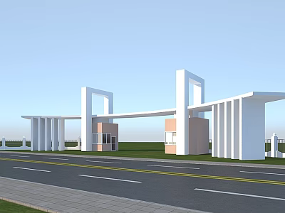 Modern School Building Entrance With White Columns Wide Road And Green Lawn 3d model