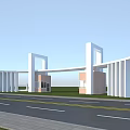 Modern School Building Entrance With White Columns Wide Road And Green Lawn