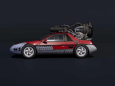Stylish Red Sports Car With Powerful Engine Mounted On Roof Design 3d model