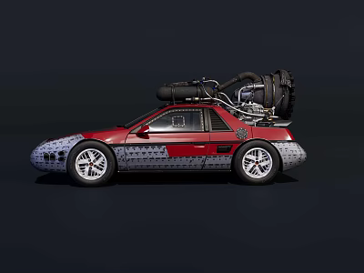 Stylish Red Sports Car With Powerful Engine Mounted On Roof Design 3d model