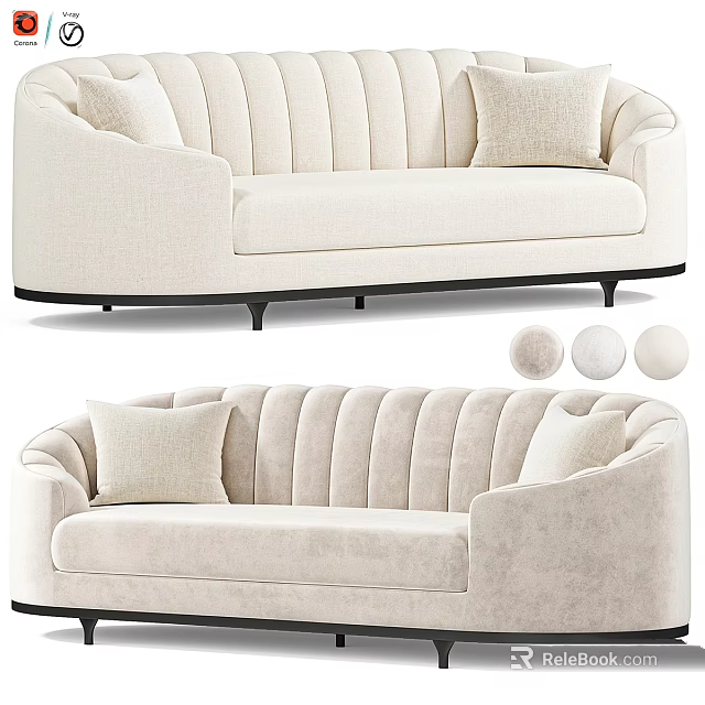 Modern Beige Sofa With Ribbed Back Cushions Black Legs And Fabric Swatches 3d model 