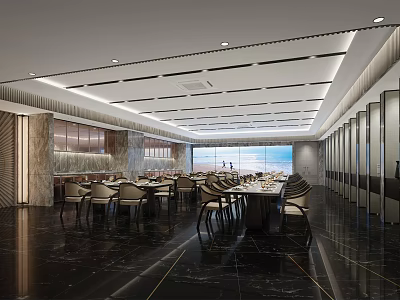 Modern Restaurant Interior Design With Marble Decor Dining Tables Chairs And Ceiling Lighting 3d model