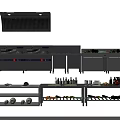 Commercial Kitchen Appliances Setup With Range Hood Refrigerator Workbench And Storage Shelves