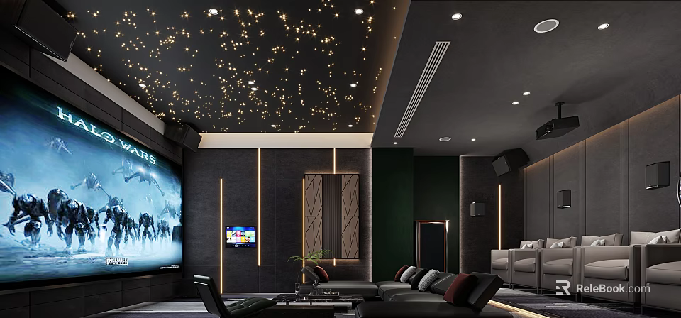 Modern Home Theater Interior Design With Starry Ceiling Large Screen And Comfortable Sofas 3d model