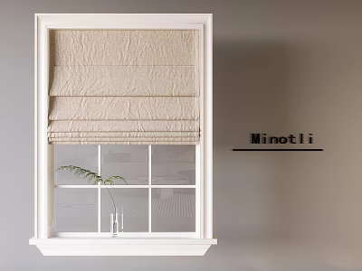 Pleated Beige Fabric Roman Shades In White Window Frame With Green Plant 3d model