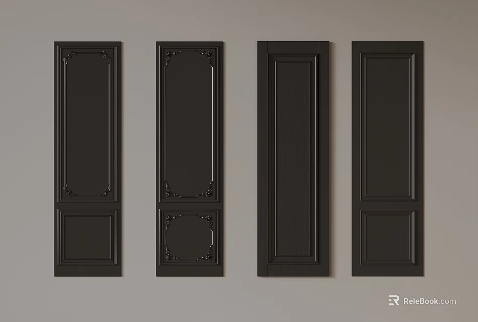 Four Black Doors With Slightly Different Styles Arranged On Gray Background 3d model