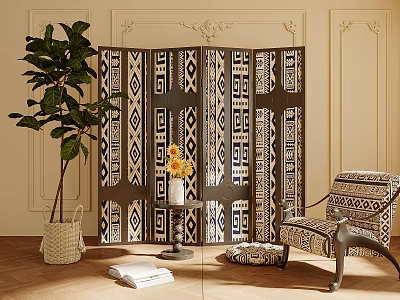 Room Divider with Black White Geometric Pattern in Stylish Interior Featuring Large Plant and Chair 3d model