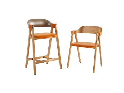 Modern Bar Stools With Wooden Frame Metal Backrest And Orange Seat Cushion 3d model