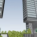 Modern High Rise Office Building With Glass Curtain Walls Connected Towers And Landscaped Areas