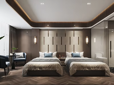 Modern Hotel Room Interior With Twin Beds Wooden Wall Design And Lighting 3d model