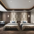 Modern Hotel Room Interior With Twin Beds Wooden Wall Design And Lighting