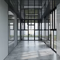 Modern Minimalist Corridor With Concrete Walls Glass Doors And Long Ceiling Grille