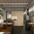 Modern Restaurant Interior Featuring Open Kitchen Wooden Cabinets And Green Plants Decor