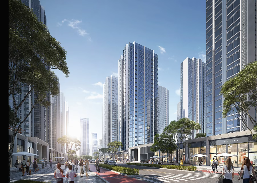 Modern High rise Residential Building in Urban District with Greenery Pedestrian Street and Shops 3d model 