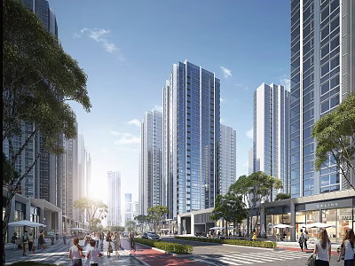 Modern High rise Residential Building in Urban District with Greenery Pedestrian Street and Shops 3d model