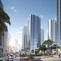 Modern High rise Residential Building in Urban District with Greenery Pedestrian Street and Shops