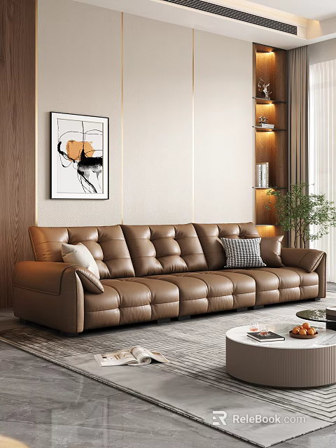 Brown Leather Sectional Sofa With Cushions Against Light Colored Wall Abstract Painting And Green Plant 3d model 