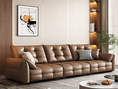 Brown Leather Sectional Sofa With Cushions Against Light Colored Wall Abstract Painting And Green Plant 3d model
