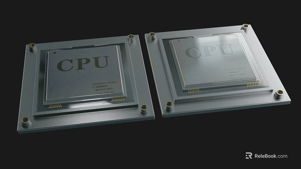 Dual CPU Chips With Metallic Surface On Black Background And Circuitry Details 3d model 
