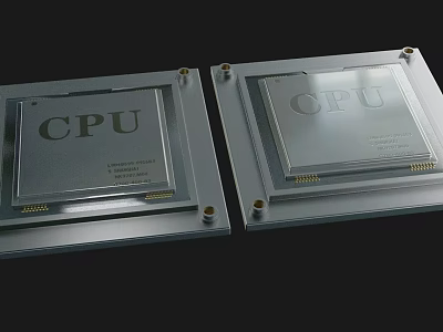 Dual CPU Chips With Metallic Surface On Black Background And Circuitry Details 3d model