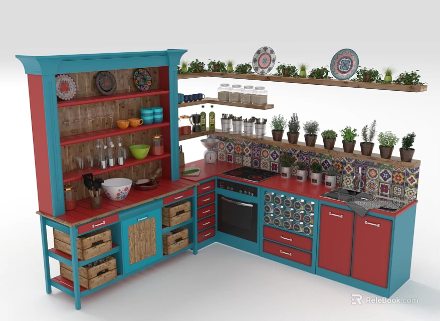 Red And Blue Kitchen Cabinets With Open Shelves Plates Glasses Plants And Colorful Tiled Countertop 3d model 