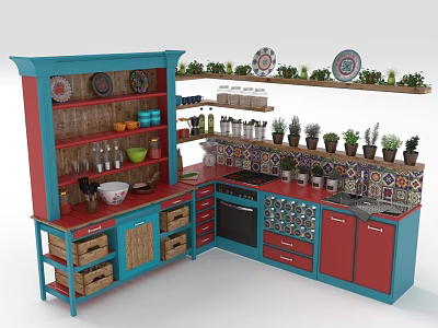 Red And Blue Kitchen Cabinets With Open Shelves Plates Glasses Plants And Colorful Tiled Countertop 3d model