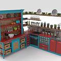 Red And Blue Kitchen Cabinets With Open Shelves Plates Glasses Plants And Colorful Tiled Countertop