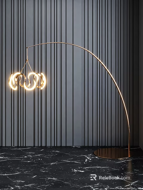Modern Golden Arc Floor Lamp With Illuminated Ring Shades Against Dark Striped Wall 3d model 