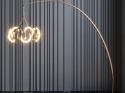 Modern Golden Arc Floor Lamp With Illuminated Ring Shades Against Dark Striped Wall 3d model
