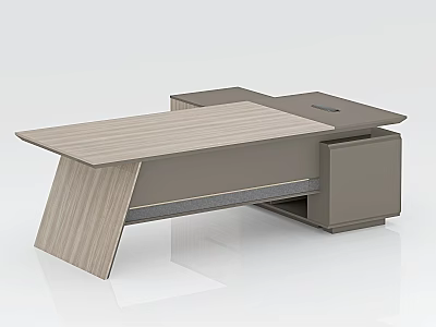 Modern Office Desk With Striped Wooden Top And Storage Cabinet 3d model