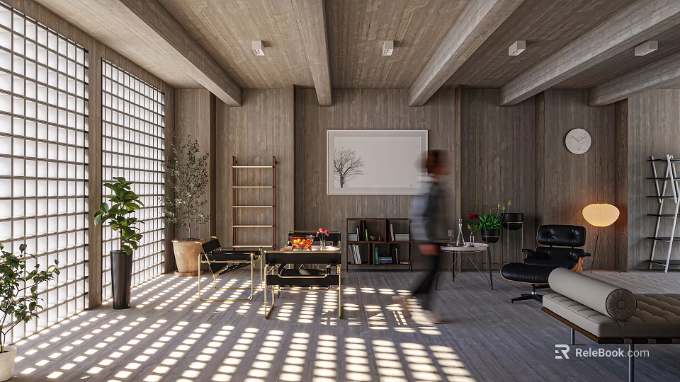 Rustic Living Room Interior With Wooden Walls Sunlight Grid Shadows And Green Plants 3d model 