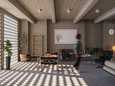 Rustic Living Room Interior With Wooden Walls Sunlight Grid Shadows And Green Plants 3d model