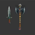 Decorative Fantasy Weapons Sword And Axe With Blue Red Accents And Detailed Design