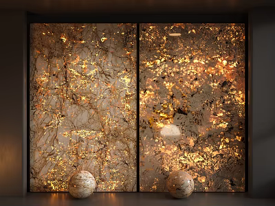 Elegant Background Wall With Golden Veined Marble And Spherical Decorations In Warm Lighting 3d model