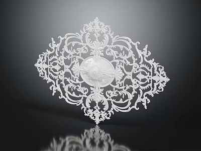 Intricate White Carved Decorative Ornament With Symmetrical Floral Motifs And Circular Central Design 3d model