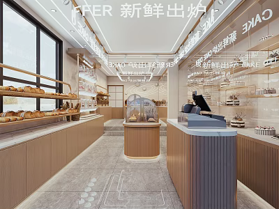 Modern Bright Dessert Shop Interior With Display Shelves Counter And Fresh Bread Cakes 3d model